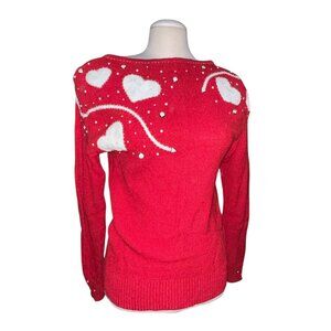Vintage Smiths Aspen Red Knit Sweater W/ White Heart Design & Beaded Detailing
